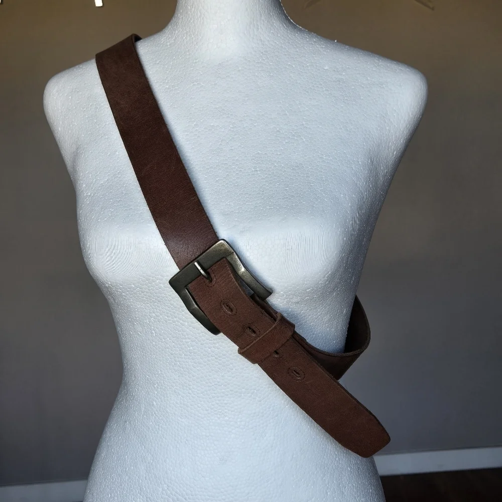 Western Brown Leather and Rustic Brass Buckle Boho Grunge Moto Belt Men Size 38